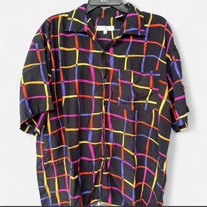 Men's Black Short-Sleeve Grid Print Shirt - Multicolor